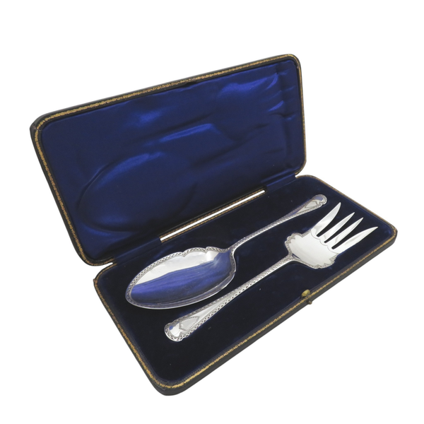 Antique Edwardian Sterling Silver Serving Spoon & Fork Set in Case 1908
