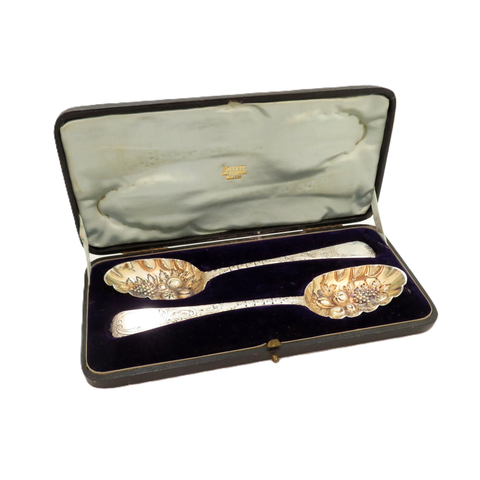 Pair of Antique Victorian Sterling Silver Berry Spoons in Case 1855