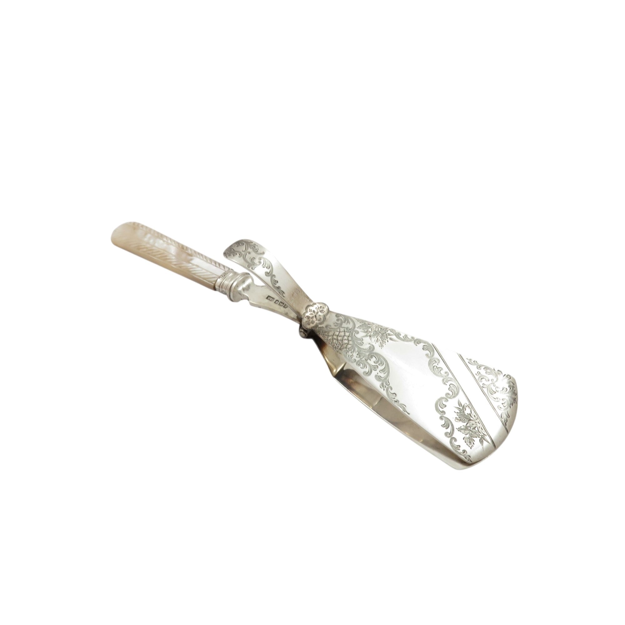 Pair of Antique Victorian Sterling Silver & Mother of Pearl Cake /Sandwich Serving Tongs 1896