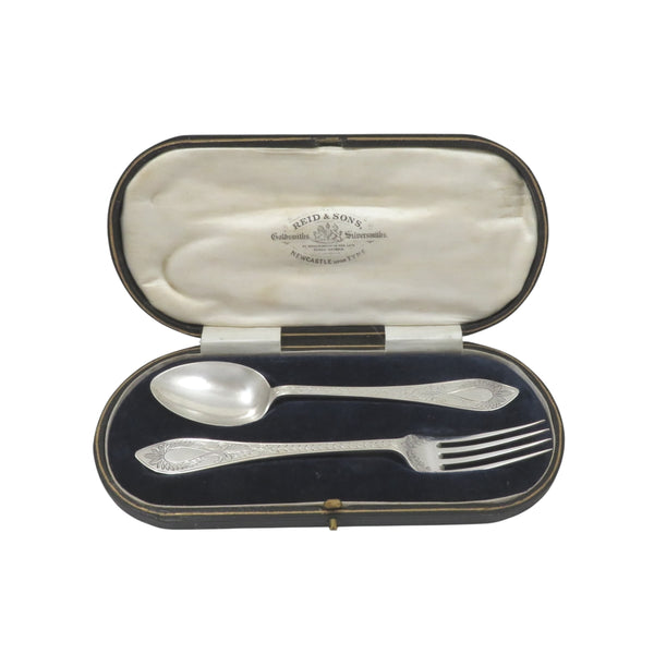 Antique Victorian Sterling Silver Christening Spoon & Fork in Case 1877