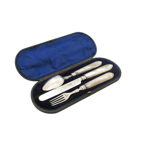 Antique Victorian Sterling Silver 3 Piece Christening Set in Case 1867
