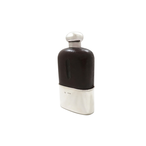 Antique Victorian Sterling Silver & Leather 6 1/2" Hip Flask 1890
