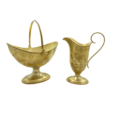 Antique Victorian Solid Silver Gilt 'Birds' Jug & Bowl 1875