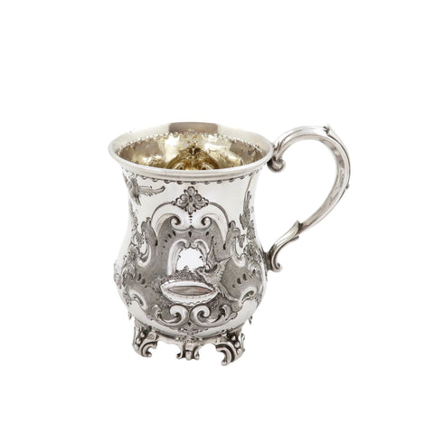 Antique Victorian Sterling Silver 'Birds' Christening Mug 1860