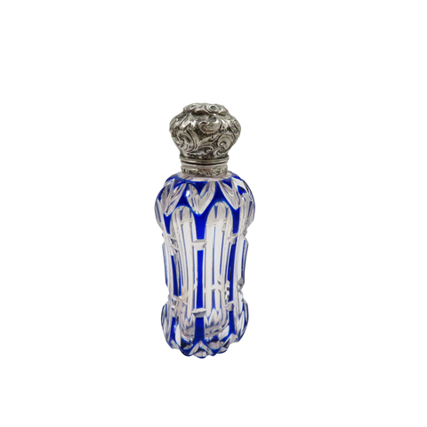 Antique Victorian Silver & Blue Overlay Cut Glass Perfume / Scent Bottle