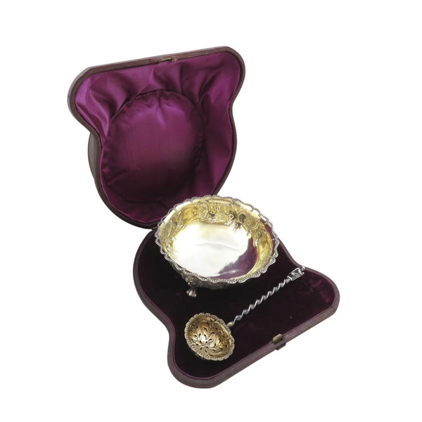 Antique Victorian Sterling Silver Sugar Bowl & Sifter Spoon in Case 1875