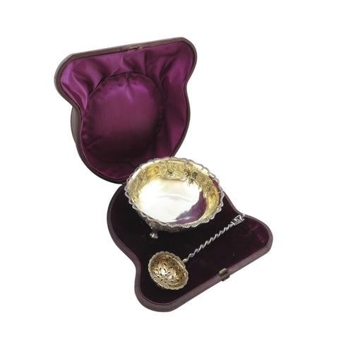 Antique Victorian Sterling Silver Sugar Bowl & Sifter Spoon in Case 1875