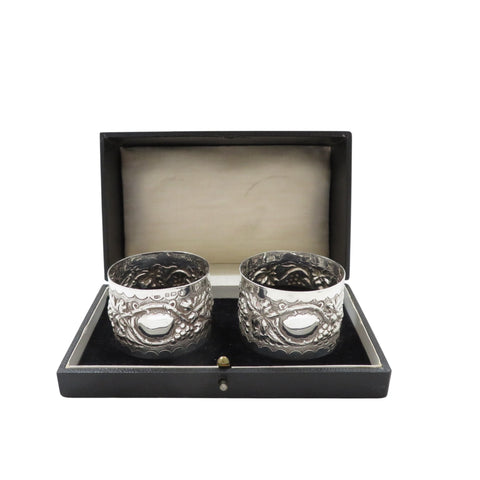 Pair of Antique Victorian Sterling Silver 'Grape & Vine' Napkin Rings in Case 1900