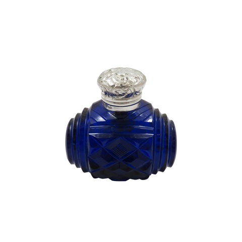 Antique Victorian Sterling Silver & Blue Cut Glass Scent / Perfume Bottle 1897