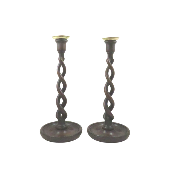 Pair of Antique Oak Open Barley Twist 12" Candlesticks c1900