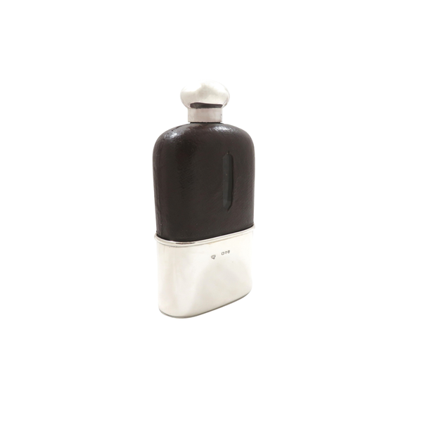 Antique Victorian Sterling Silver & Leather 6 1/2" Hip Flask 1890