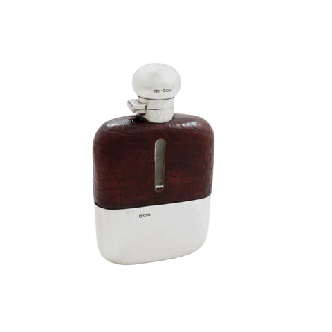 Antique Sterling Silver & Crocodile Leather 5" Hip Flask 1929