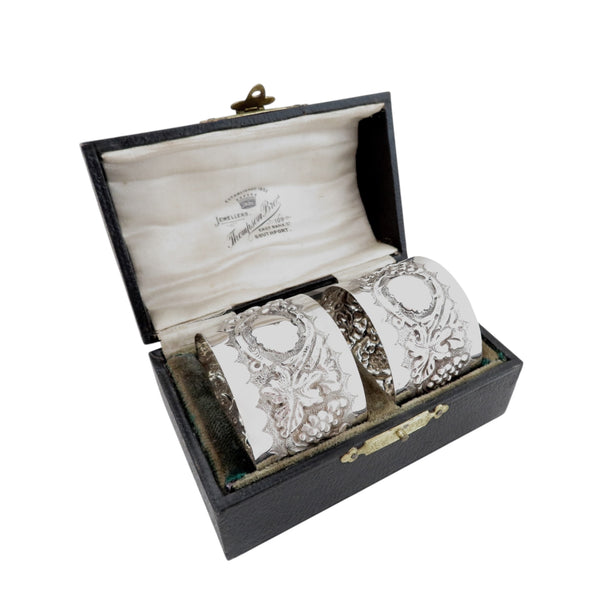 Pair of Antique Victorian Sterling Silver 'Grape & Vine' Napkin Rings in Case 1899