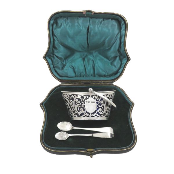 Antique Edwardian Sterling Silver Sugar Basket in Case 1907