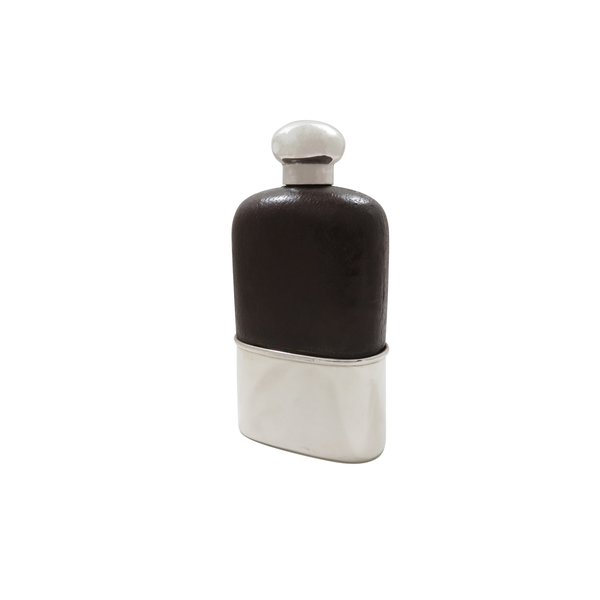 Antique Victorian Sterling Silver & Leather 6 1/2" Hip Flask 1890