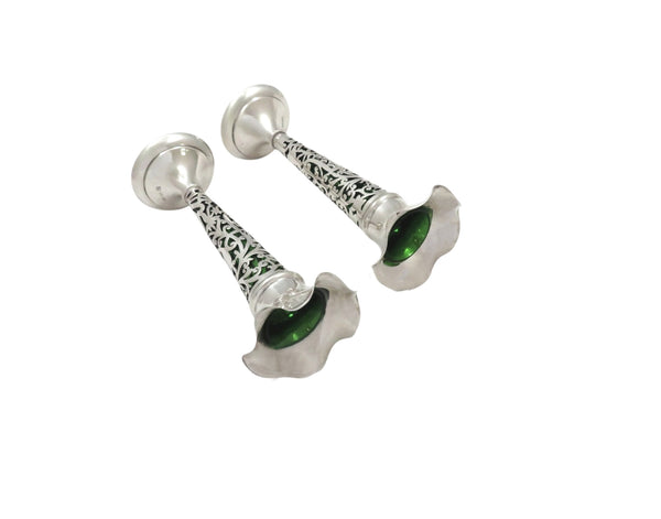 Pair of Antique Edwardian Sterling Silver & Green Glass Liner Bud Vases 1905