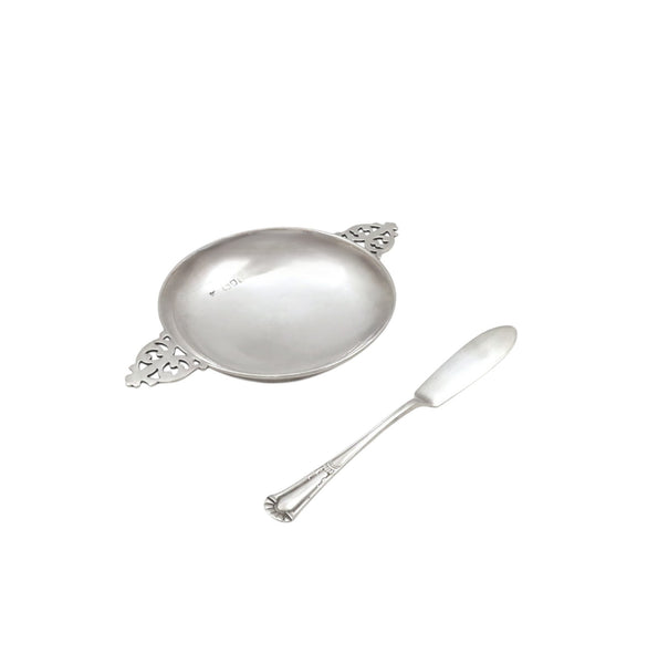 Antique Edwardian Sterling Silver Butter Dish with Knife in Case 1903