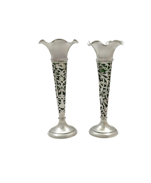 Pair of Antique Edwardian Sterling Silver & Green Glass Liner Bud Vases 1905
