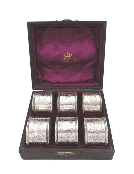 Set of 6 Antique Sterling Silver Napkin Rings in Case 1891