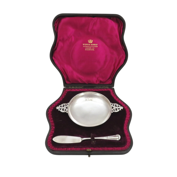 Antique Edwardian Sterling Silver Butter Dish with Knife in Case 1903