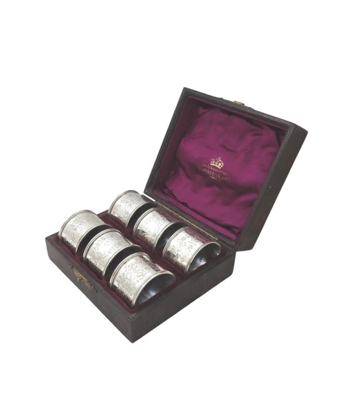 Set of 6 Antique Sterling Silver Napkin Rings in Case 1891