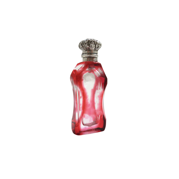 Antique Silver & Red Overlay Glass 2" Scent / Perfume Bottle c1890