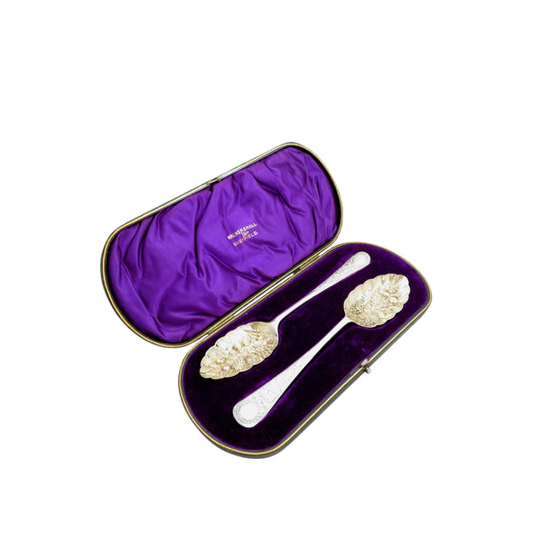 Pair of Antique Edwardian Sterling Silver Berry Spoons in Case 1905