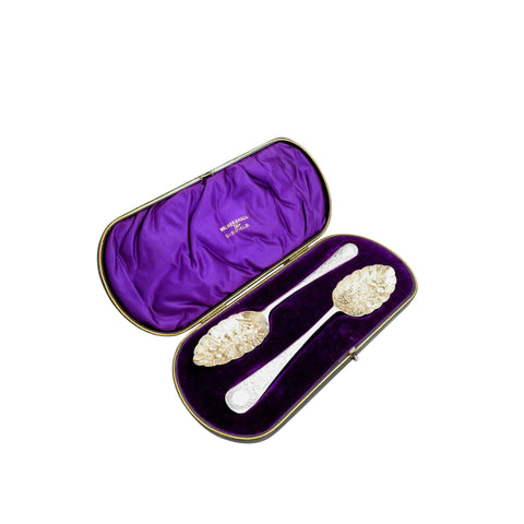 Pair of Antique Edwardian Sterling Silver Berry Spoons in Case 1905