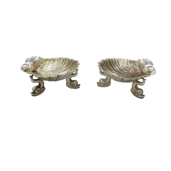 Pair of Antique Victorian Sterling Silver 'Shell' Salts with Dolphin Feet 1864