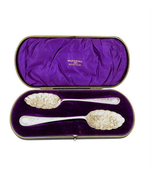 Pair of Antique Edwardian Sterling Silver Berry Spoons in Case 1905