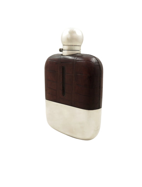 Antique Silver Plated & Crocodile Leather Hip Flask c1880