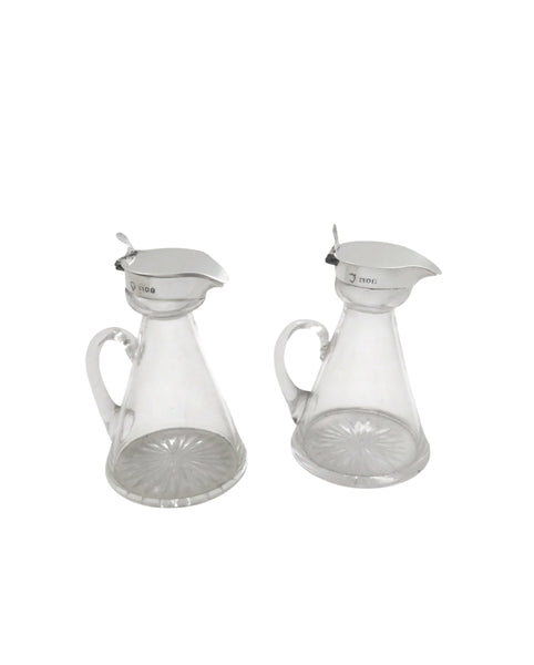 Pair of Antique Sterling Silver & Glass Whisky Noggins / Jugs 1924