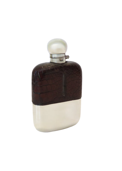 Antique Silver Plated & Crocodile Leather Hip Flask c1880