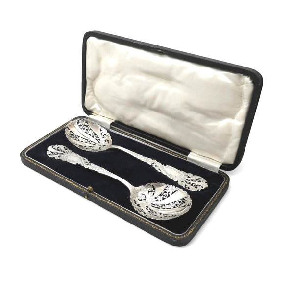 Pair of Antique Victorian Sterling Silver Pierced Serving Spoons in Case 1899