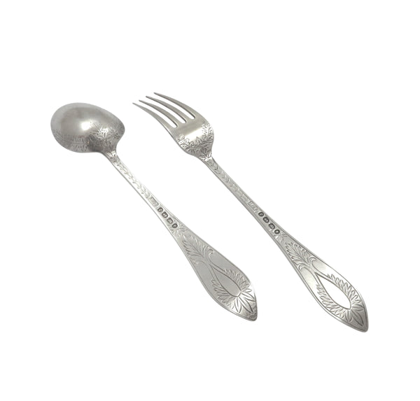 Antique Victorian Sterling Silver Christening Spoon & Fork in Case 1877