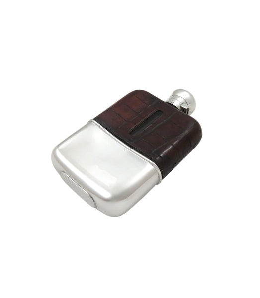 Antique Victorian Sterling Silver & Crocodile Leather 6" Hip Flask 1899