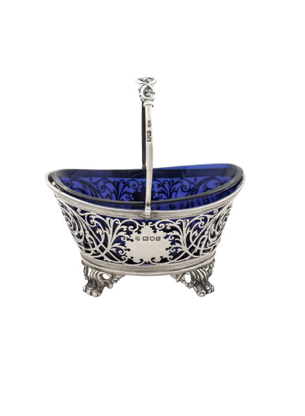 Antique Edwardian Sterling Silver Basket with Blue Glass Liner 1901