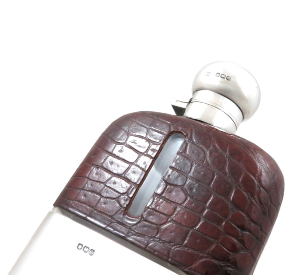 Antique Sterling Silver & Crocodile Leather 5" Hip Flask 1929