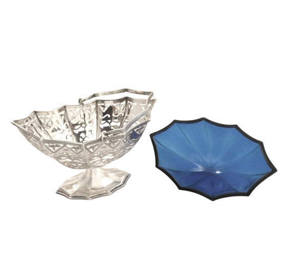 Antique Edwardian Sterling Silver Basket with Blue Glass Liner 1901