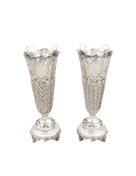 Pair of Antique Edwardian Sterling Silver 8" Vases 1902