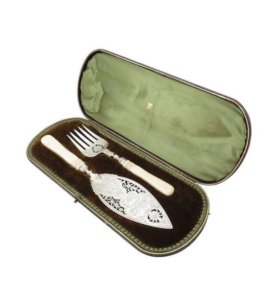 Pair of Antique Victorian Sterling Silver Fish Servers in Case 1899