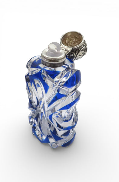Antique Victorian Sterling Silver & Blue Overlay Glass Scent / Perfume Bottle 1898