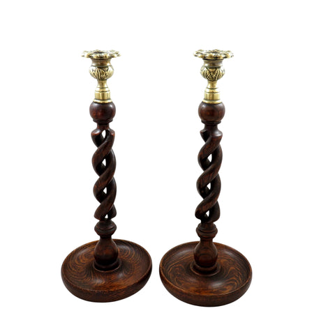 Pair of Antique Oak Open Barley Twist 14" Candlesticks with Brass Thistle Tops c1900