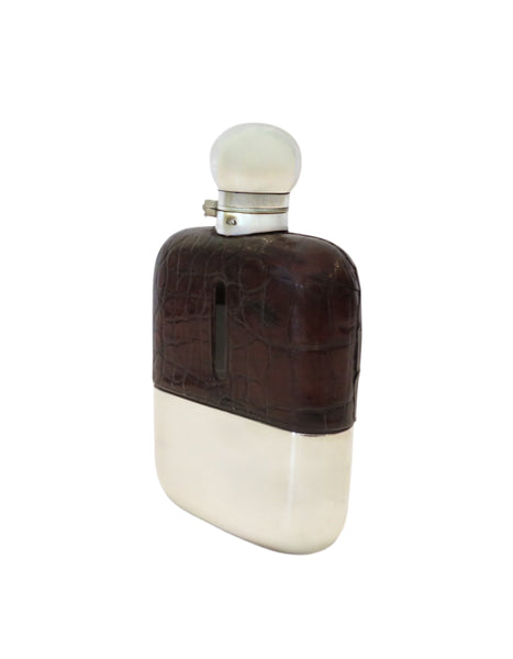 Antique Silver Plated & Crocodile Leather Hip Flask c1880