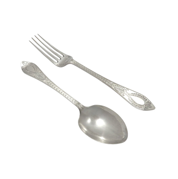 Antique Victorian Sterling Silver Christening Spoon & Fork in Case 1877