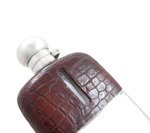 Antique Sterling Silver & Crocodile Leather 5" Hip Flask 1929