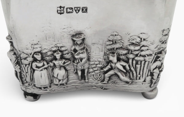 Antique Edwardian Sterling Silver Caddy with Village Scenes 1910