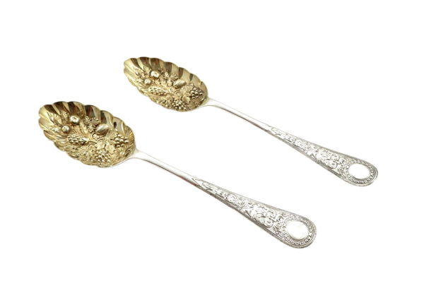 Pair of Antique Edwardian Sterling Silver Berry Spoons in Case 1905