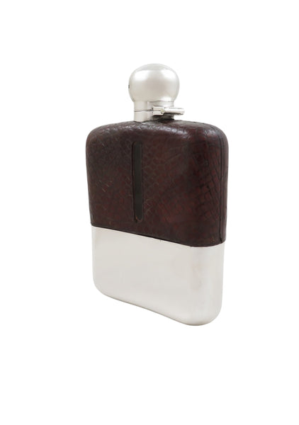 Antique Sterling Silver & Crocodile Leather 6" Hip Flask 1912