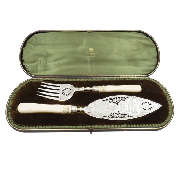 Pair of Antique Victorian Sterling Silver Fish Servers in Case 1899